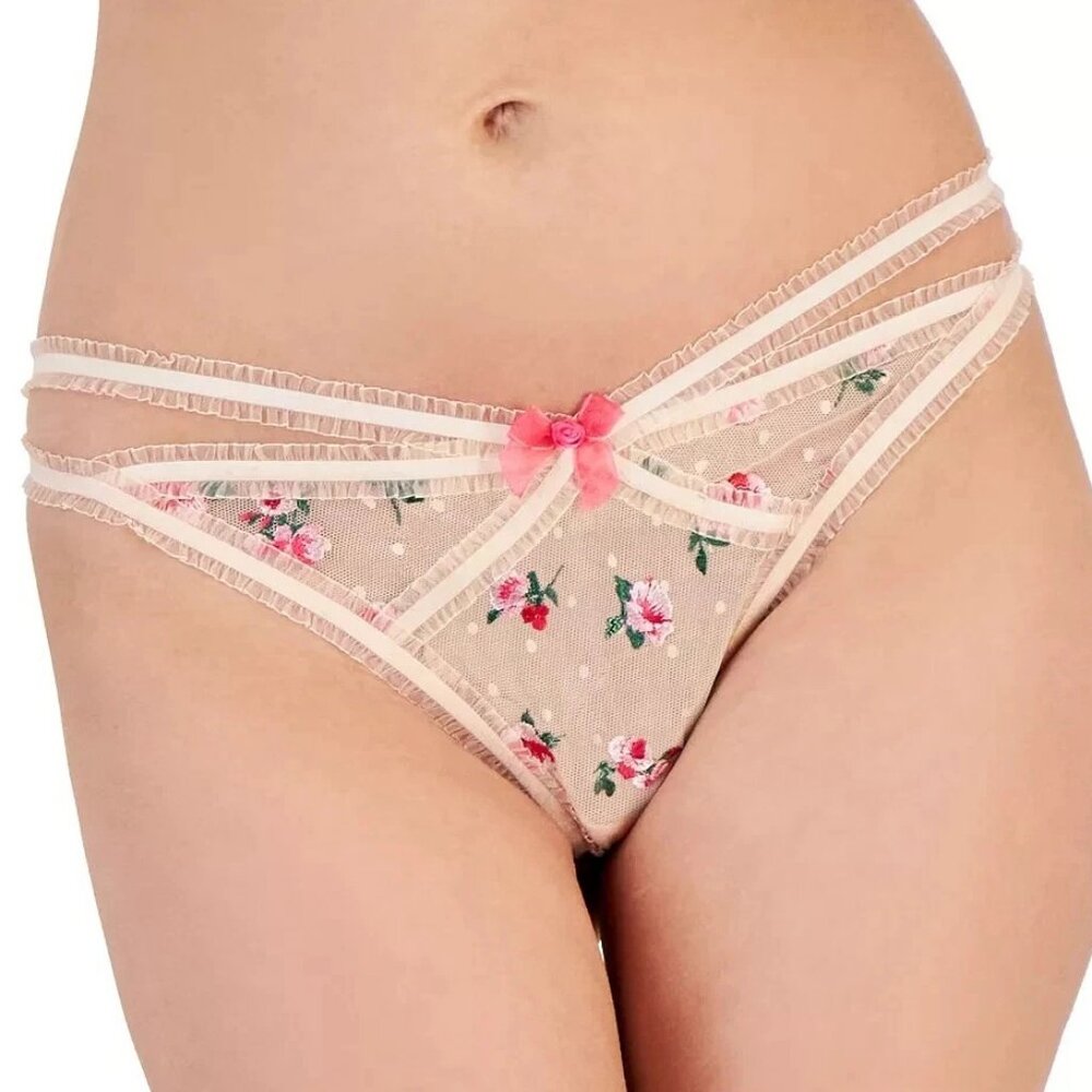 INC Women's Embroidered Floral Sexy Thong Panty Underwear, Nude With Roses, XXL